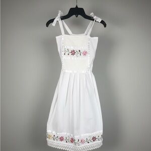 SOLDVintage Linen White Floral Embroidered  Dress With Ribbon and Crochet SOLD